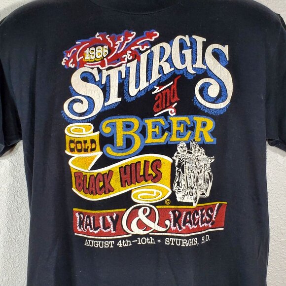 VTG 1986 Sturgis Black Hills Motorcycle Rally Races Black Graphic T-Shirt Large - Picture 5 of 9